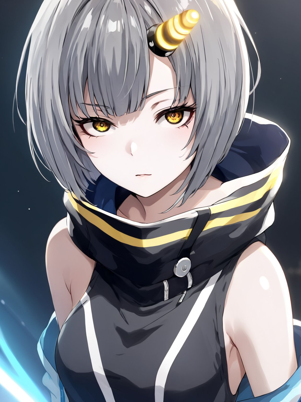 best quality, 8k, 8k UHD, ultra-high resolution, ultra-high definition, highres
,//Character, 
1girl, solo
,//Fashion, 
,//Background, 
,//Others, ,Expressiveh,
Ataru, short hair, grey hair, yellow eyes, heterochromia, glowing, single horn, dress