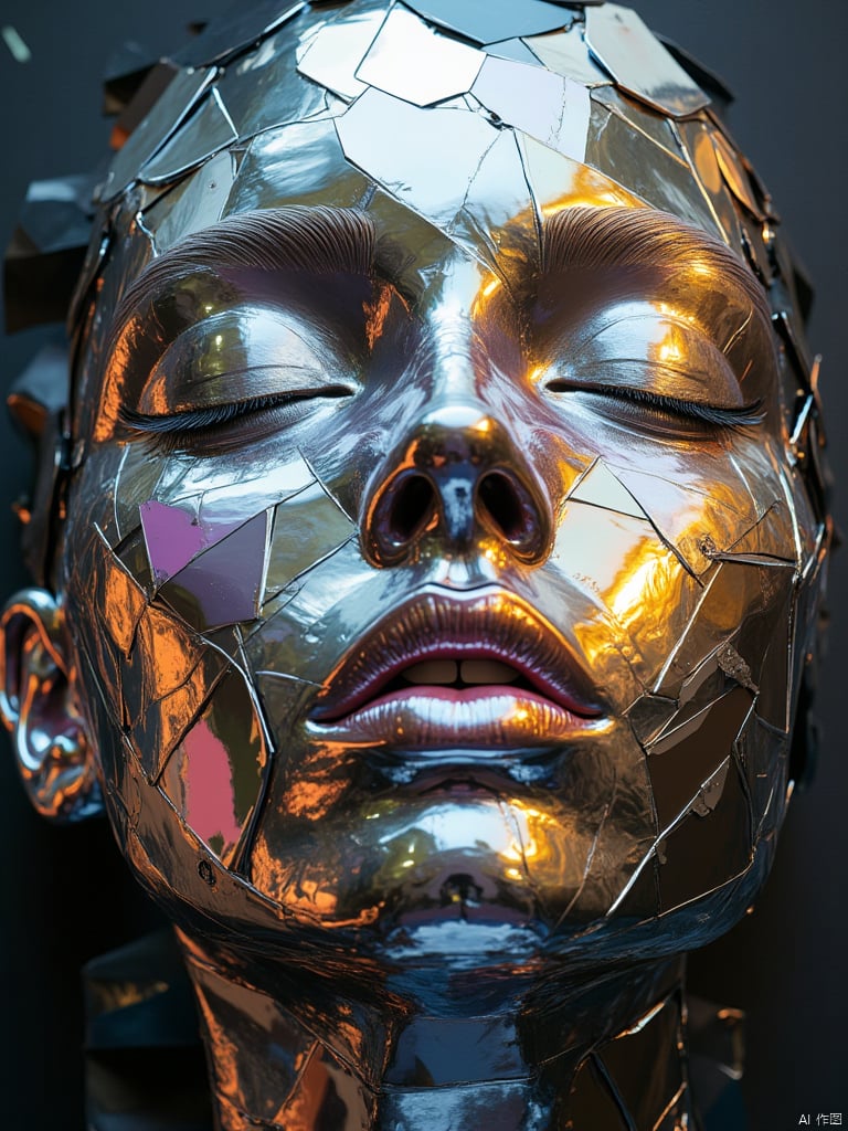 OBlvbo,This is a highly detailed, digital artwork depicting a face made entirely of reflective, metallic shards. The shards are predominantly silver with hints of gold, blue, and pink, creating a mesmerizing, multi-colored effect that reflects light in a kaleidoscopic manner. The face is abstract yet recognizable, with closed eyes, a slightly open mouth, and a serene expression. The shards are arranged to form the contours of the face, including the nose, cheeks, and jawline, with some pieces overlapping and others protruding. The texture of the metallic shards is smooth and reflective, giving a glossy appearance. The background is a dark, almost black, with subtle, dark gray and blue tones, which contrasts sharply with the bright, reflective shards. The overall style of the artwork is contemporary and abstract, blending elements of modern art and digital manipulation. The image has a high level of detail and realism, with each shard meticulously crafted to create a lifelike effect. The artwork evokes a sense of otherworldliness and beauty, with its intricate, reflective surface and surreal composition.