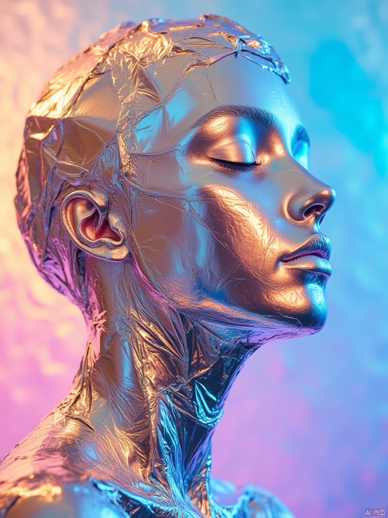 OBlvbo,This image is a digitally created artwork featuring a highly detailed and surrealistic portrait of a woman's face. The woman's face is intricately wrapped with a metallic, reflective material that resembles crumpled foil, giving it a textured, almost sculptural appearance. The metallic texture is predominantly silver, with hints of gold and bronze, creating a warm, glowing effect. The woman's face is positioned in profile, with her eyes closed and her expression serene, suggesting a state of contemplation or meditation.The background transitions smoothly from a soft, pastel pink on the left side to a vibrant, neon blue on the right, creating a gradient effect that enhances the metallic texture of the woman's face. The blending of colors and textures gives the image a dreamy, ethereal quality, as if the woman's face is emerging from a colorful, otherworldly landscape.The image's style is abstract yet highly detailed, with a focus on the interplay between light and reflection. The metallic texture catches and reflects light, creating dynamic highlights and shadows that add depth and realism to the portrait. The overall composition is balanced and harmonious, with the woman's face occupying the central focus while the background provides a visually rich and contrasting backdrop.