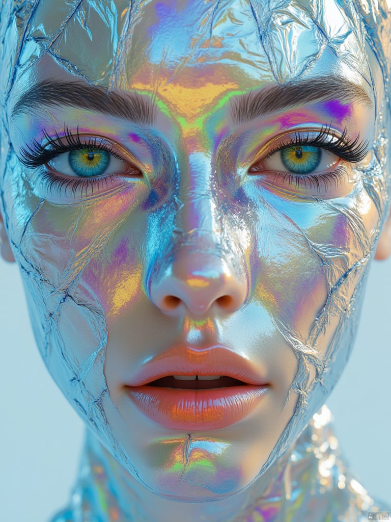 OBlvbo,This is a highly detailed, hyperrealistic CGI image of a woman's face, rendered in a futuristic, almost metallic style. The subject's face is covered in a reflective, crinkled metallic surface that catches and reflects light in a kaleidoscopic array of colors, including blues, greens, purples, and golds. Her eyes, which are open and focused, are a striking blue with a hint of green, and her eyelashes are long and meticulously detailed. Her lips are full and painted a glossy, reddish-orange hue. The skin texture of her face is smooth but also has a slightly textured, shiny appearance, adding to the futuristic feel. The background is a gradient of light blue to white, which helps to highlight the metallic surface of her face and the vibrant colors reflected in it. The image has a high level of realism, with every detail, from the fine lines around her eyes to the subtle creases in her skin, meticulously rendered. The overall effect is both surreal and visually striking, blending elements of science fiction with a hyperrealistic aesthetic.