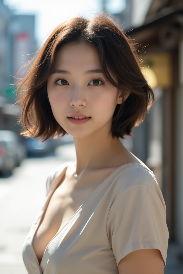 A beautiful Japanese woman, 24 years old, short brown hair, expressive eyes, detailed face, charming smile, slender busty body, pale skin, street style outfit, short-sleeve dress, posing outdoors in a bright, street snap, highly details, Photorealistic, cinematic,