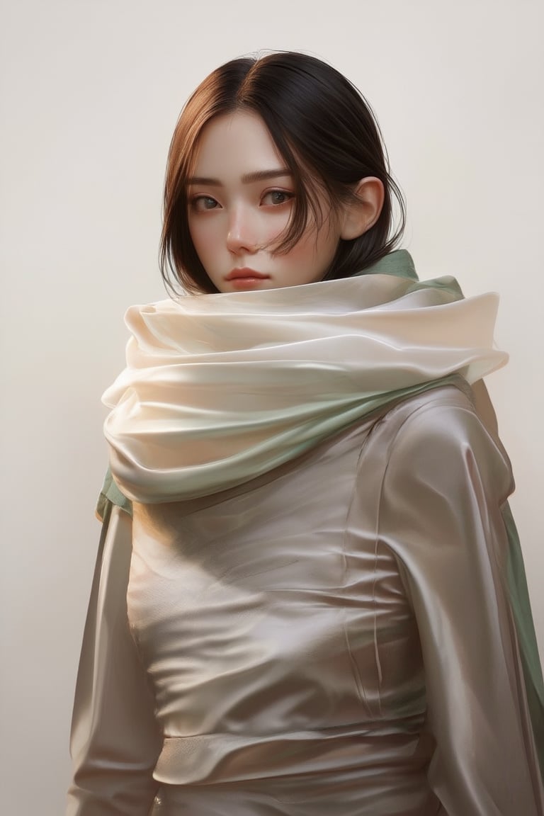 1woman , WLOP art style, wear silk scarves that obscure their faces, graphic unreal engine 5, Ghibil Studio