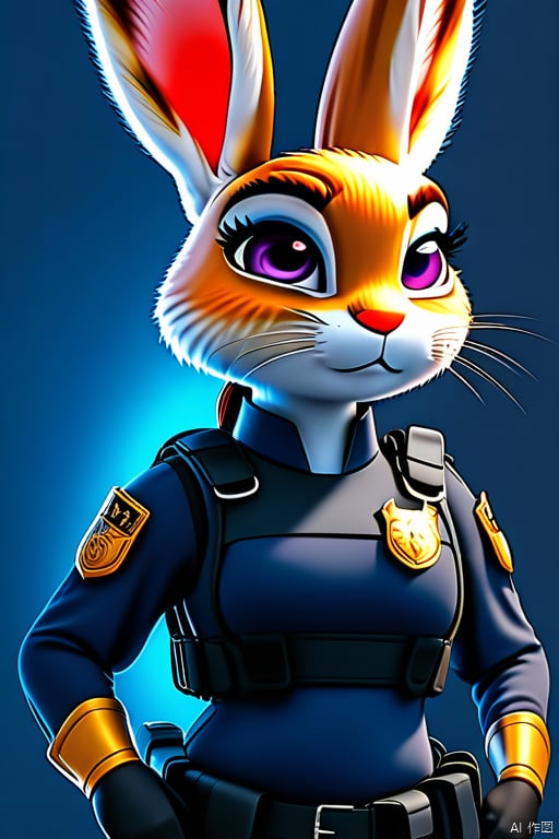 A policewoman, Coki Rabbit, stands confidently indoors, wearing a police uniform with a utility belt, shin guards, and a bulletproof vest. Her long sleeves and pants are a deep blue, matching her shirt adorned with a badge. She smiles widely, her closed mouth and purple eyes a striking combination. Furry bunny ears sit atop her head, paired with an animal nose. A pistol rests on her hip, accompanied by a black bag slung over her shoulder. Her flat chest is covered by the vest, and she sports no finger gloves. Her boots are knee-high, finished with black shoes that seem to disappear into the shadows. The background is a dark blue border, allowing Coki Rabbit's bright presence to take center stage.