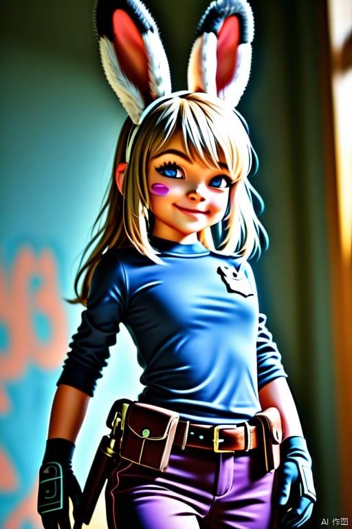 Coki Rabbit 1 girl, alone, smiling, shirt, gloves, long sleeves, holding, animal ears, closed mouth, standing, purple eyes, full body, weapon, boots, teeth, belt, pants, artist name, indoors, none finger gloves, black shoes, bunny ears, uniform, vest, flat chest, gun, looking aside, border, happy, blue shirt, furry, pistol, walking, bag, bunny, bunny girl, furry female, blue pants , black border, body hair, badge, belt bag, police, animal nose, police uniform, policewoman, utility belt, shin guards, bulletproof vest