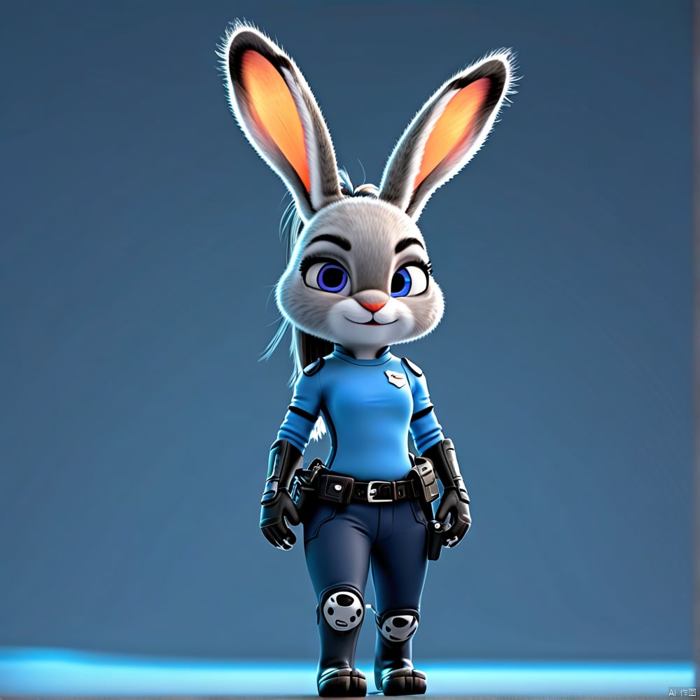 Coki Rabbit 1 girl, alone, smiling, shirt, gloves, long sleeves, holding, animal ears, closed mouth, standing, purple eyes, full body, weapon, boots, teeth, belt, pants, artist name, indoors, none finger gloves, black shoes, bunny ears, uniform, vest, flat chest, gun, looking aside, border, happy, blue shirt, furry, pistol, walking, bag, bunny, bunny girl, furry female, blue pants , black border, body hair, badge, belt bag, police, animal nose, police uniform, policewoman, utility belt, shin guards, bulletproof vest