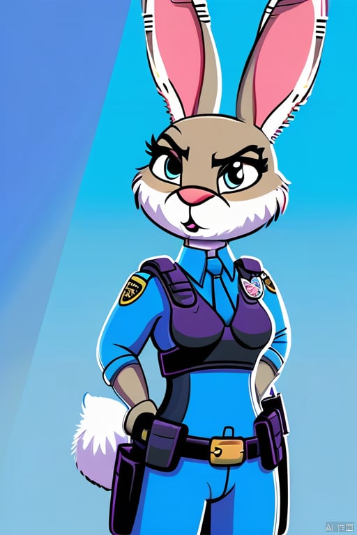 A Coki Rabbit policewoman stands confidently indoors, wearing a blue shirt and matching pants, with a utility belt and shin guards around her legs. Her long sleeves are fingerless gloves, and she holds rabbit ears in one hand. Her purple eyes sparkle as she smiles, her closed mouth forming a determined line. Her black footwear features a small badge on the toe. She looks to the side, her gun holster visible at her hip. A blue border frames the image, with a hint of furry texture on her uniform and vest. The policewoman's flat chest is adorned with a utility belt pouch and a handgun, giving her a strong and capable presence.