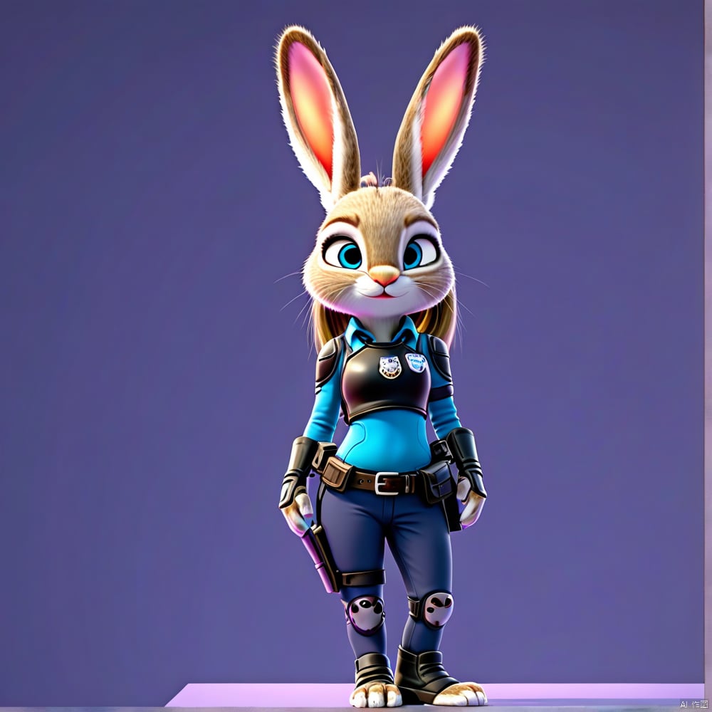 Coki Rabbit 1 girl, alone, smiling, shirt, gloves, long sleeves, holding, animal ears, closed mouth, standing, purple eyes, full body, weapon, boots, teeth, belt, pants, artist name, indoors, none finger gloves, black shoes, bunny ears, uniform, vest, flat chest, gun, looking aside, border, happy, blue shirt, furry, pistol, walking, bag, bunny, bunny girl, furry female, blue pants , black border, body hair, badge, belt bag, police, animal nose, police uniform, policewoman, utility belt, shin guards, bulletproof vest