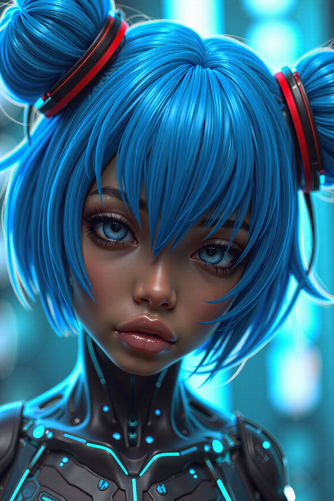 kyuyongeom, 1girl, solo, portrait, cyberpunk  cyborg, hair covering eyes, twin bun hair, blue hair, ,trending on dribbble, ad, aesthetics, aesthetic, pv,