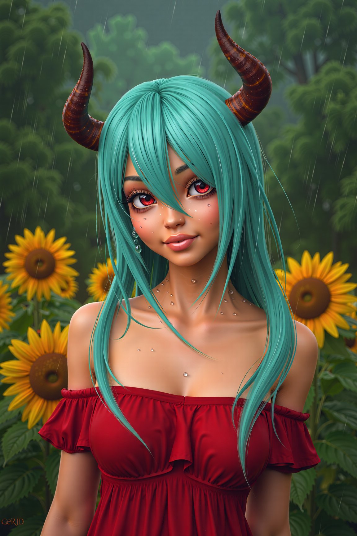  1girl, , rain, shot from above, aqua hair, red eyes, horns, smiling, red off-shoulder dress, sunflowers and trees in background, raindrops, nature background, 
