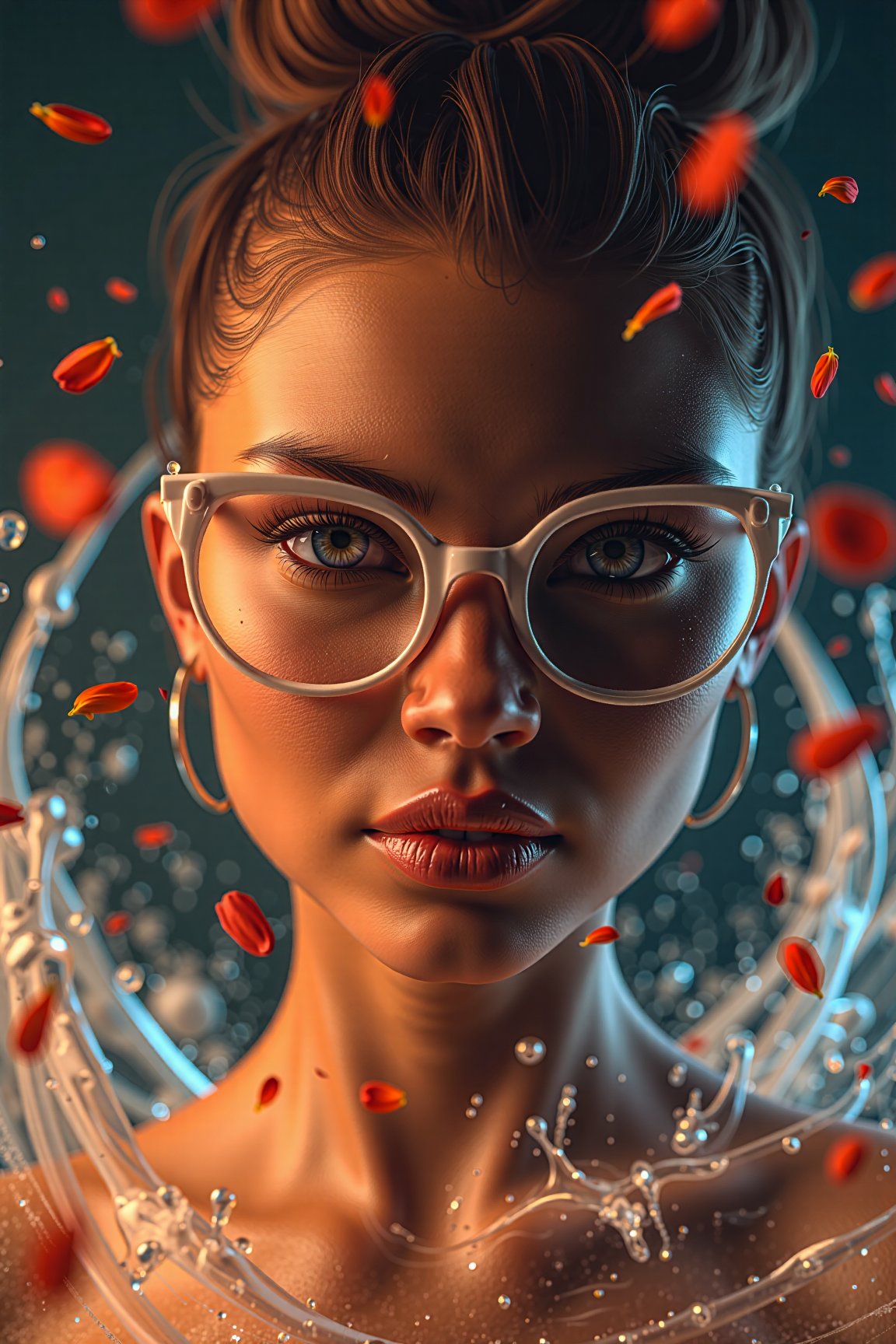 (dynamic pose:1.2),(dynamic camera,dynamic composition),analog photo,photoart_style,realistic,film grain,4k,dramatic woman, white glasses, Dior designer glasses, mood board, splashes water ,swirl petals flowers,  positive energy,volumetric natural light, epic atmosphere,perfect composition, highly detail, enchanted,deep rich vivid colors, perfect symmetry,  great composition, complimentary colors, beautiful elegant stylish, intricate detail