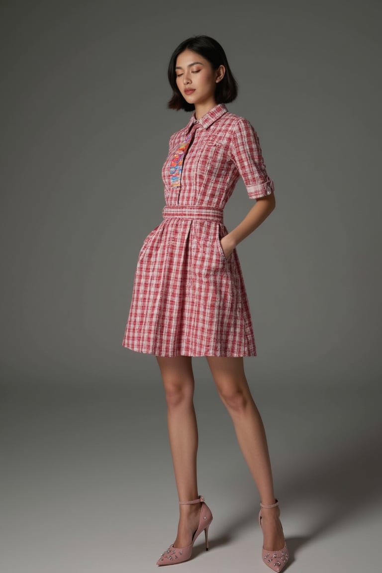 A woman stands serenely in a luxury hotel room, radiating luxury style. She dons a striking mix color checkered dress, paired with a matching collared shirt and tie. Her shoes boast elegant silver studs, adding whimsical flair to her outfit. Sleekly styled bobbed hair and closed eyes exude a sense of tranquility, juxtaposed against the muted gray background that provides a dramatic contrast to her vibrant attire.,Perfect fashion