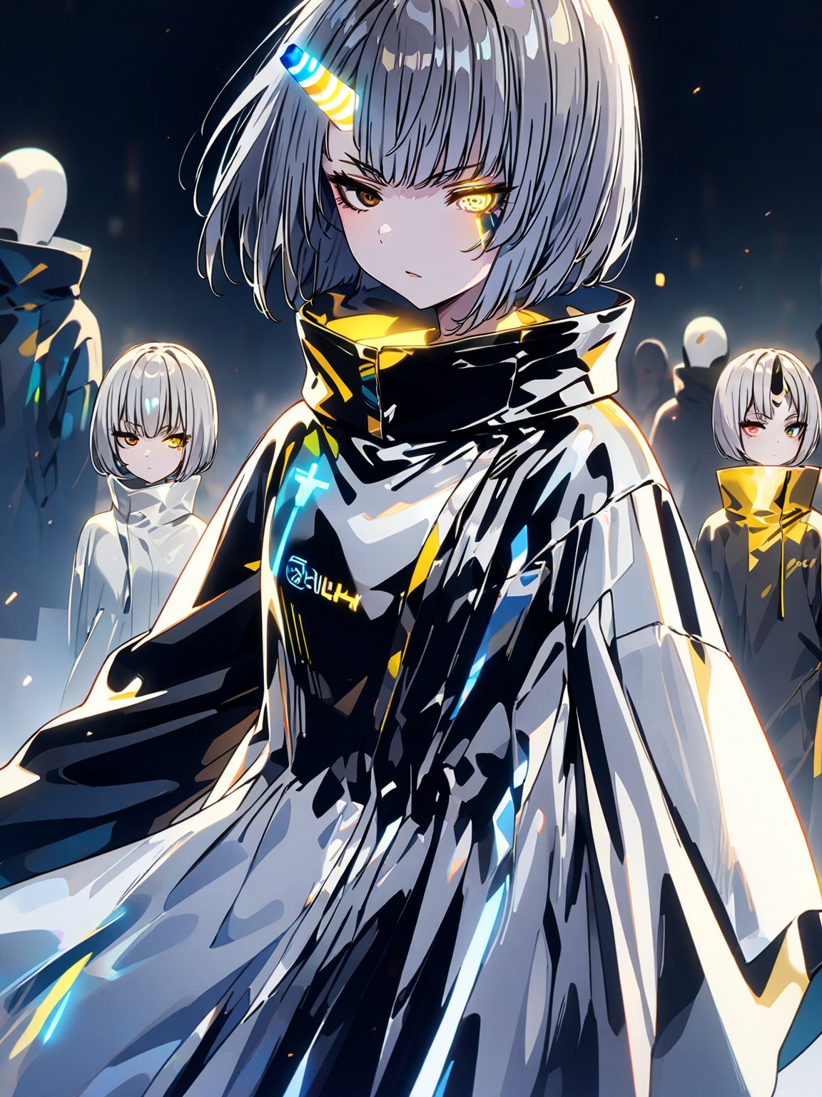 best quality, 8k, 8k UHD, ultra-high resolution, ultra-high definition, highres
,//Character, 
1girl, solo
,//Fashion, 
,//Background, 
,//Others, ,Expressiveh,
Ataru, short hair, grey hair, yellow eyes, heterochromia, glowing, single horn, dress