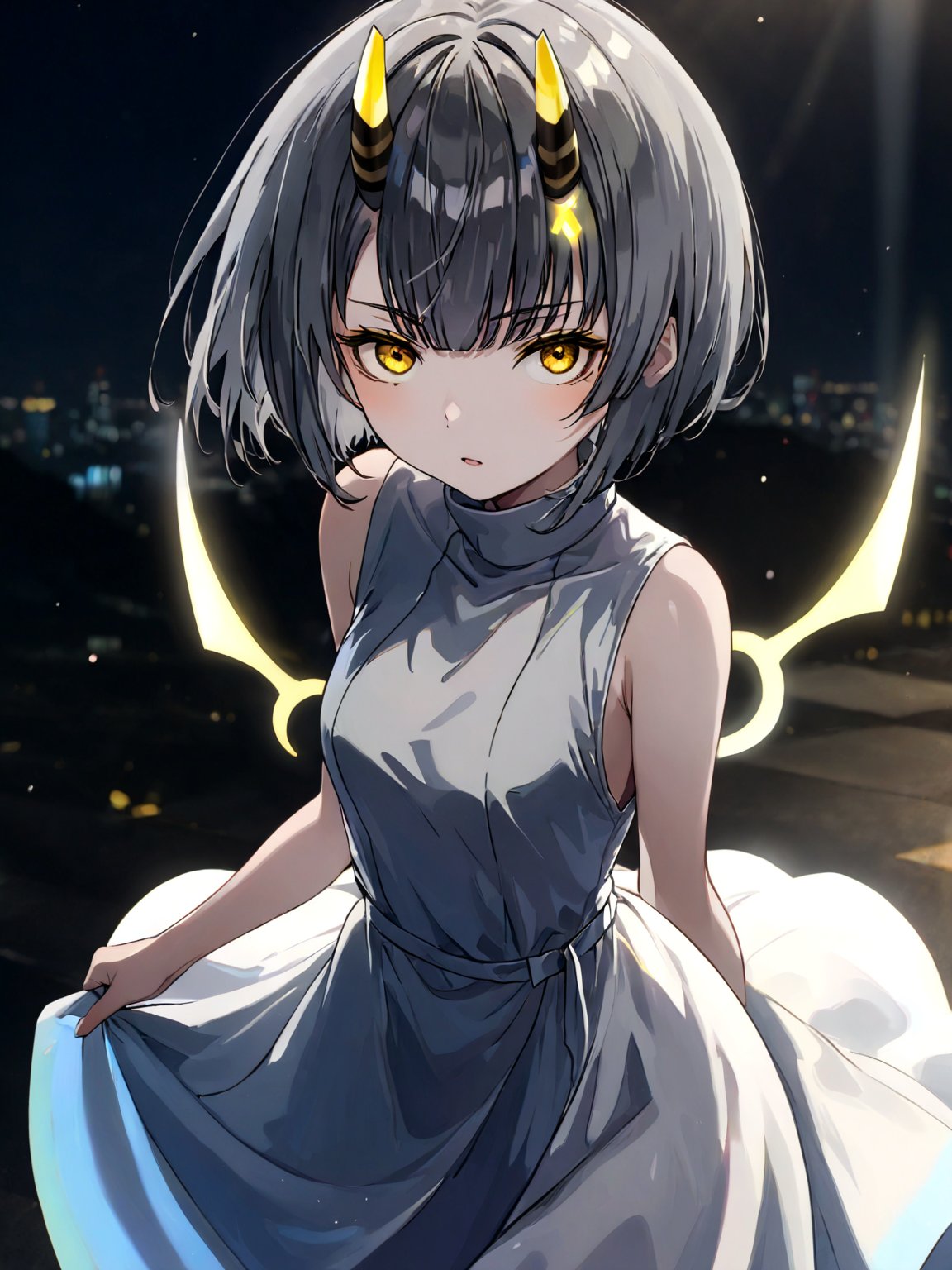 best quality, 8k, 8k UHD, ultra-high resolution, ultra-high definition, highres
,//Character, 
1girl, solo
,//Fashion, 
,//Background, 
,//Others, ,Expressiveh,
Ataru, short hair, grey hair, yellow eyes, heterochromia, glowing, single horn, dress