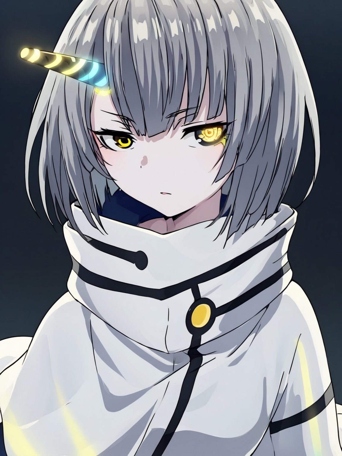 best quality, 8k, 8k UHD, ultra-high resolution, ultra-high definition, highres
,//Character, 
1girl, solo
,//Fashion, 
,//Background, 
,//Others, ,Expressiveh,
Ataru, short hair, grey hair, yellow eyes, heterochromia, glowing, single horn, dress