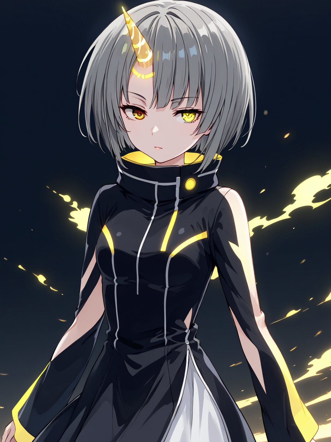 best quality, 8k, 8k UHD, ultra-high resolution, ultra-high definition, highres
,//Character, 
1girl, solo
,//Fashion, 
,//Background, 
,//Others, ,Expressiveh,
Ataru, short hair, grey hair, yellow eyes, heterochromia, glowing, single horn, dress