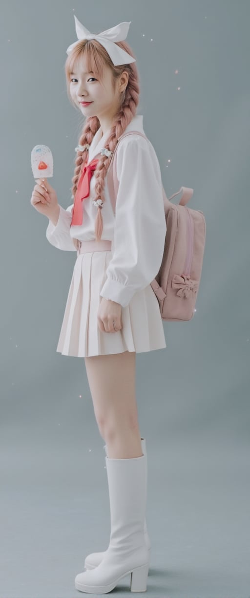 A cinematic reality film scene unfolds: a 18-year-old Korean beauty model, with oversized blue eyes and a gorgeous face, stands solo against a grey background. Her long, pink-haired braids are tied with hair bows, adorned with ahoges. She wears a white serafuku uniform with a pleated skirt, thigh-highs, and a red bow on her backpack. In one hand, she holds a popsicle, while in the other, a strawberry ice cream cone reflects off her thigh-high boots. Her detailed features, from blush to navel, are captured in stunning focus against a misty backdrop, as sparks of light dance across her face. The soft lighting and depth of field create a sense of intimacy, drawing the viewer's attention to her smiling, idolic beauty., ct-virtual_jisoo, ct-jissoo,ct-visual,ct-sensual-v2