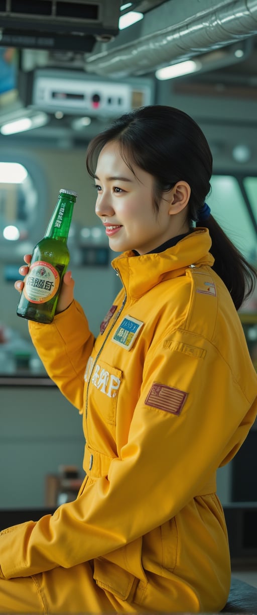 masterpiece, Movie Still, Film Still, Cinematic, Cinematic Shot, (RAW photo, 8k uhd, Analog style, Masterpiece, Best Quality, Highres:1.4), (dramatic, cinematic:1.2), BREAK, movie shot of (brutal:1.1)  woman with black hair, sporting an yellow pacesuit, warmly smiles as she holds a bottle of beer in her hand. She is depicted against the backdrop of a spaceship interior, enhancing the overall sci-fi feel of the illustration."CTMAKER" badge , ,,ct-virtual,ct-virtual_v2,ct-visual,ct-sensual-v2