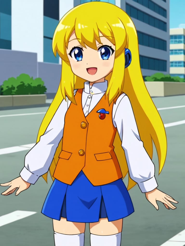 2d, anime_screencap, 1girl, solo, rokkotyan, android, white shirt, long sleeves, orange vest, closed vest, blue skirt, white thighhighs, blonde hair, long hair, blue metal ears, blue eyes,outdoors, futuristic city, street, standing, looking at viewer, open mouth, smile, cowboy shot