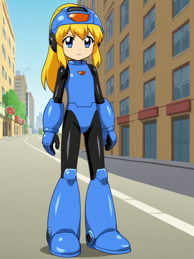 2d, anime_screencap, 1girl, solo, rokkotyan, android, armor, bodysuit, helmet, blonde hair, ponytail, blue eyes, outdoors, city, street, full body