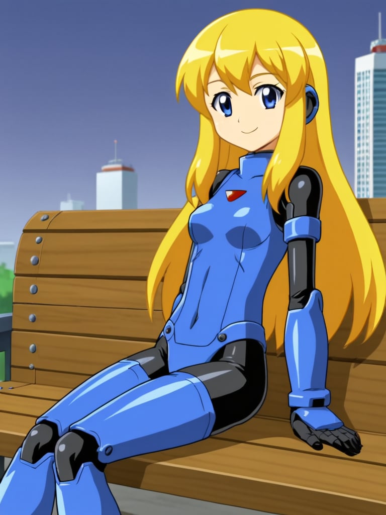 2d, anime_screencap, 1girl, solo, rokkotyan, android, armor, bodysuit, blonde hair, long hair, metal ears, blue eyes,outdoors, futuristic city, sitting, bench, looking at viewer, smile