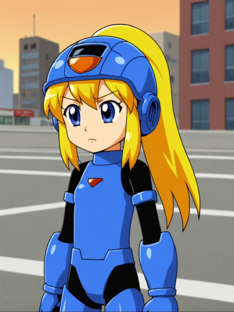 2d, anime_screencap, 1girl, solo, rokkotyan, android, armor, bodysuit, helmet, blonde hair, ponytail, blue eyes, outdoors, city, street