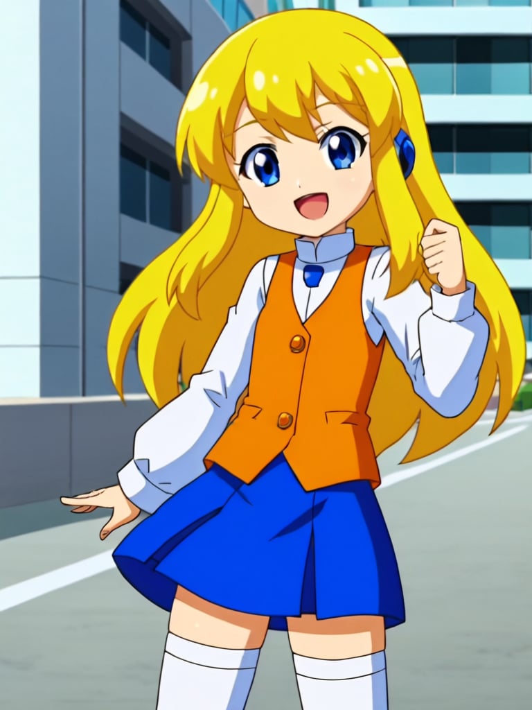 2d, anime_screencap, 1girl, solo, rokkotyan, android, white shirt, long sleeves, orange vest, closed vest, blue skirt, white thighhighs, blonde hair, long hair, blue metal ears, blue eyes,outdoors, futuristic city, street, standing, looking at viewer, open mouth, smile, cowboy shot