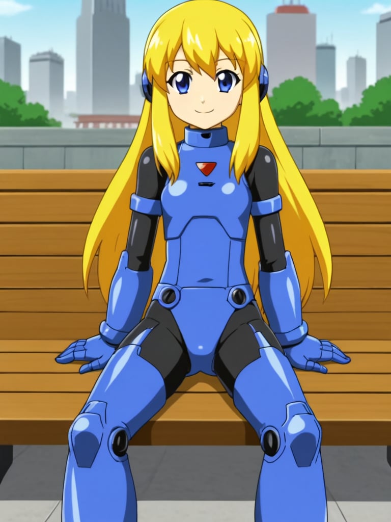 2d, anime_screencap, 1girl, solo, rokkotyan, android, armor, bodysuit, blonde hair, long hair, metal ears, blue eyes,outdoors, futuristic city, sitting, bench, looking at viewer, smile