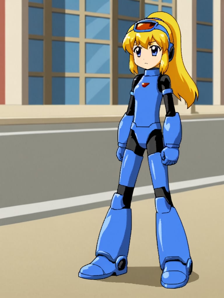 2d, anime_screencap, 1girl, solo, rokkotyan, android, armor, bodysuit, helmet, blonde hair, ponytail, blue eyes, outdoors, city, street, full body