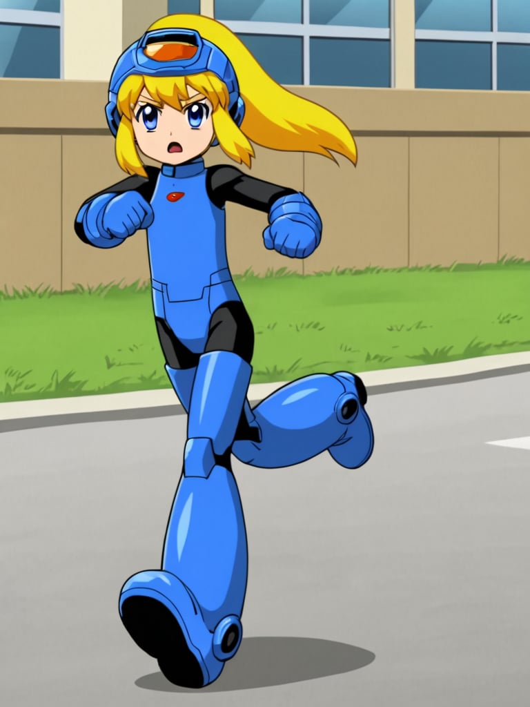 source_anime, 2d, anime_screencap, 1girl, solo, rokkotyan, android, bodysuit, helmet, blonde hair, ponytail, blue eyes, outdoors, futuristic city, street, full body, running,, dashing, serious, open mouth