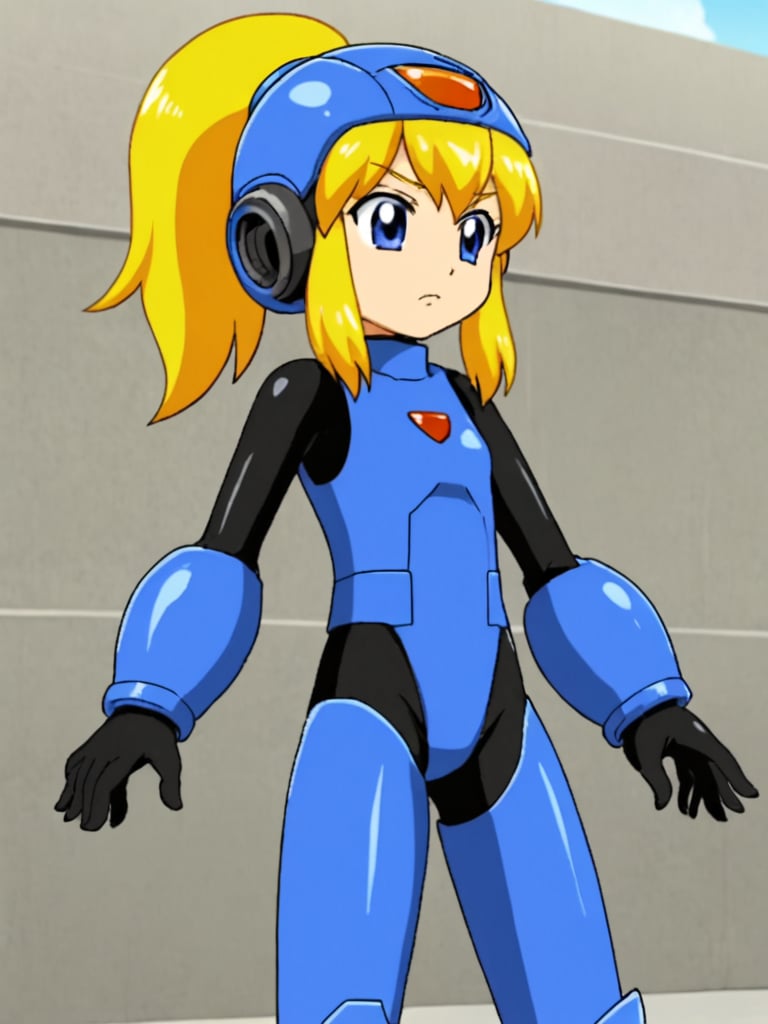 2d, anime_screencap, 1girl, solo, rokkotyan, android, armor, bodysuit, helmet, blonde hair, ponytail, blue eyes, outdoors, city, street