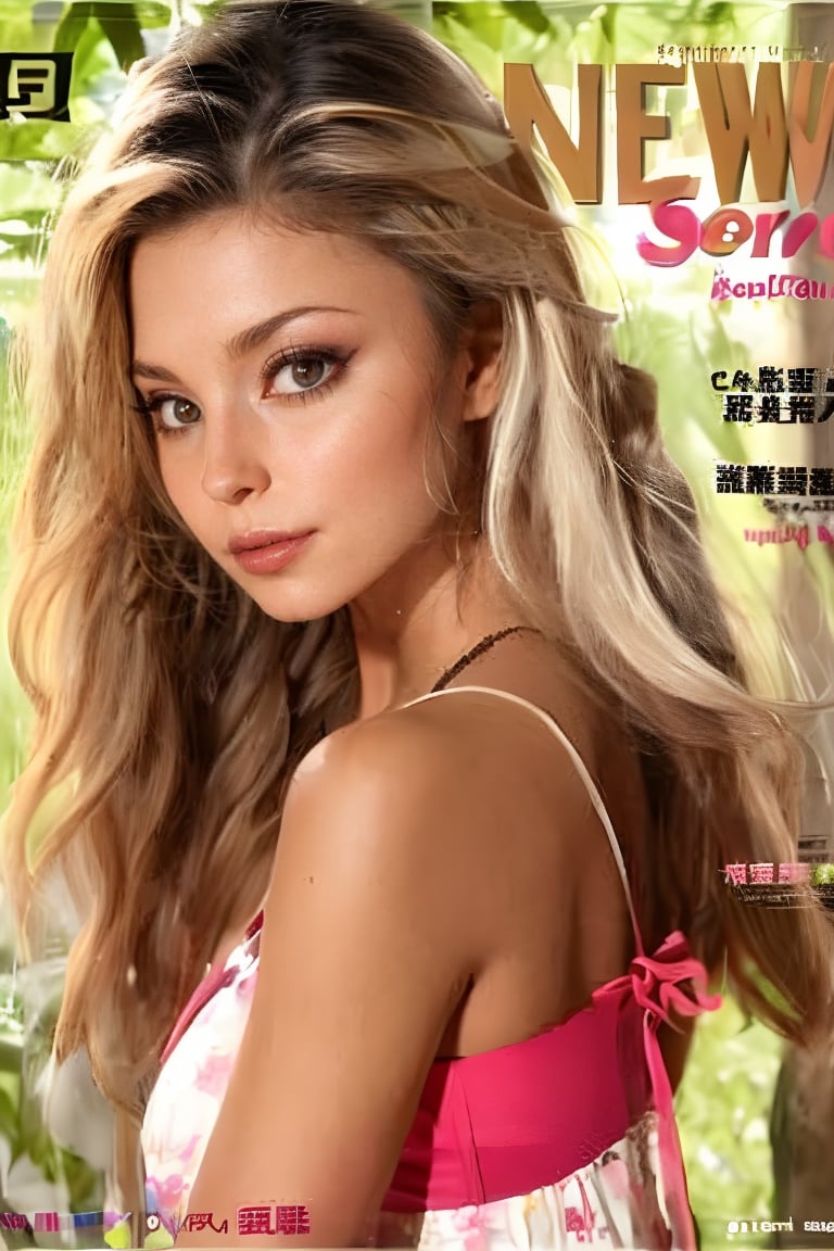 1girl, solo, upper body, white hair, lips, traditional media, reality, pop idol magazine, title font "New Lora Is Coming", attractive cover with beauty characters,jpop cover 80s,金髮熟女的笑容,棕捲髮美女,刺青金髮美女