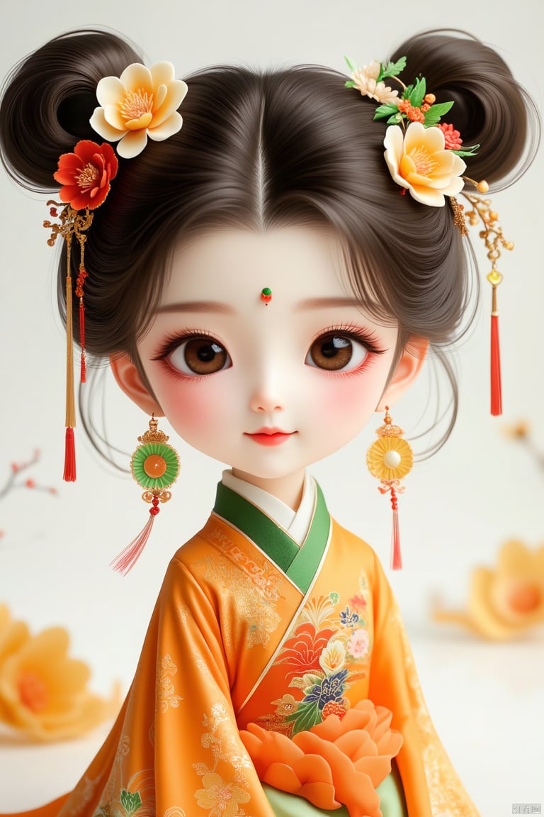 cute little girl, big eyes and double eyelids, orange and green dress with flower decoration on the collar, two buns hair accessories and green apple earring cartoon avatar wallpaper, smiling face, in the style of Chinese illustration, high definition