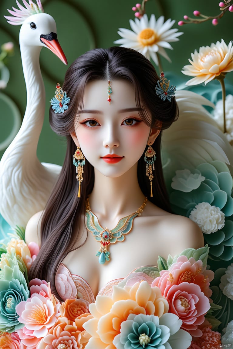 Chang'e, crane, jade rabbit, moon palace garden, alone, necklace, jewelry, colorful feathers, staring at the audience, jade rabbit mark on forehead, black hair, long hair, makeup, brown eyes, red lips, osmanthus flower on the tip of nose.