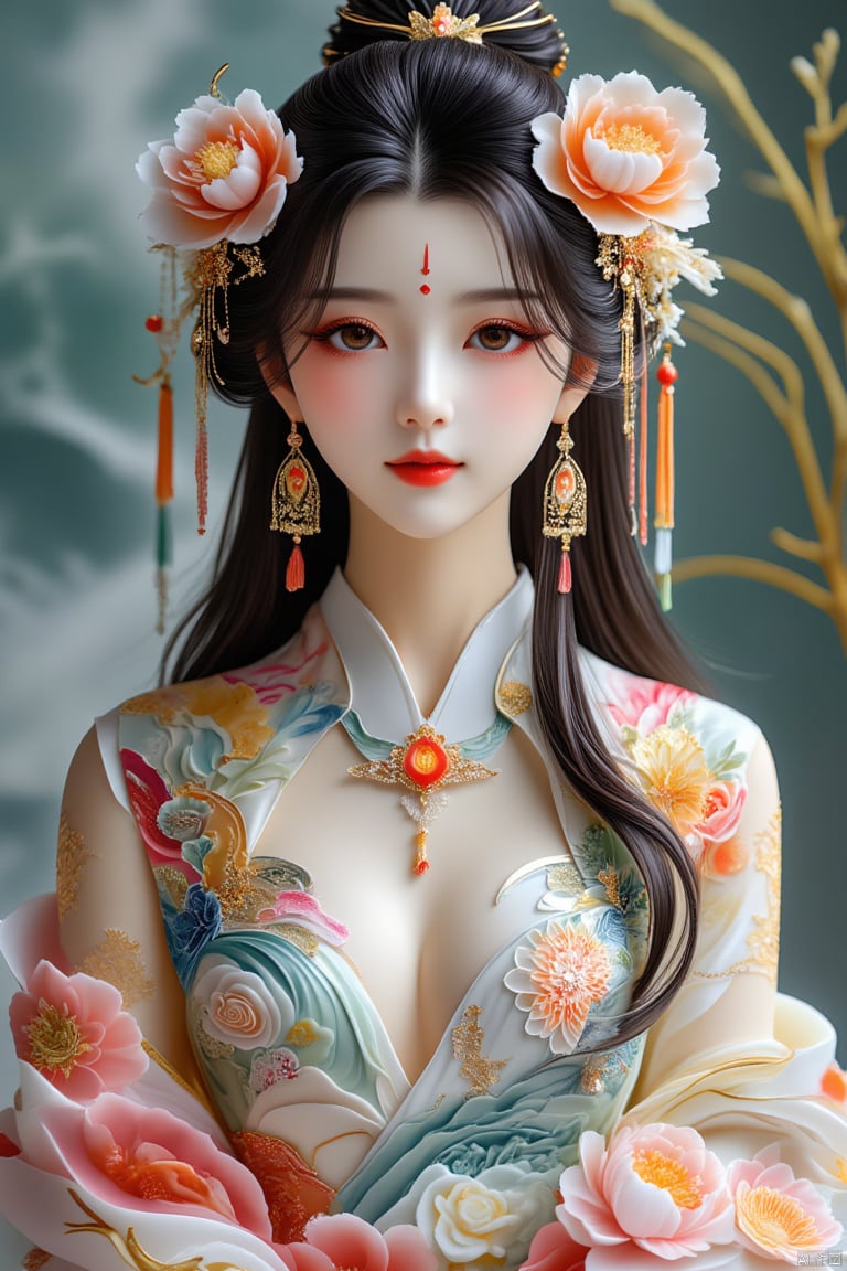 1girl, flower, hair ornament, hair flower, solo, earrings, jewelry, chinese clothes, looking at viewer, forehead mark, black hair, long hair, makeup, brown eyes, red lips, facial mark