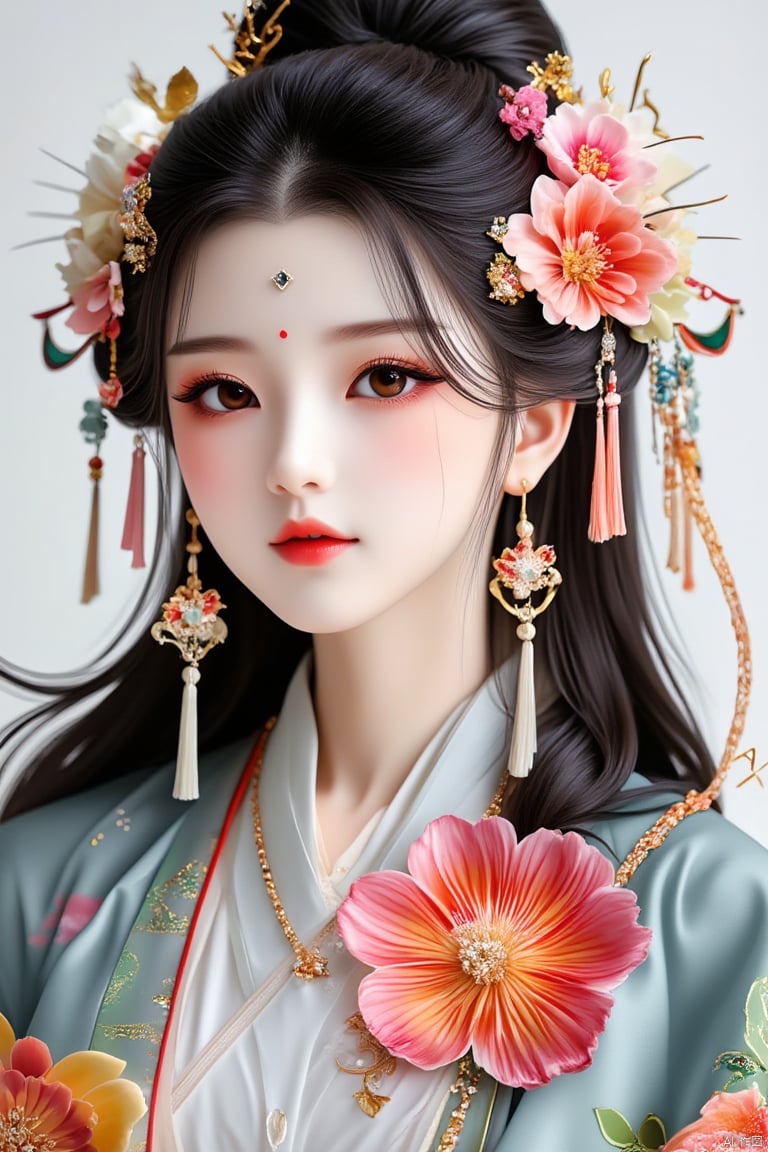 1girl, flower, hair ornament, hair flower, solo, earrings, jewelry, chinese clothes, looking at viewer, forehead mark, black hair, long hair, makeup, brown eyes, red lips, facial mark