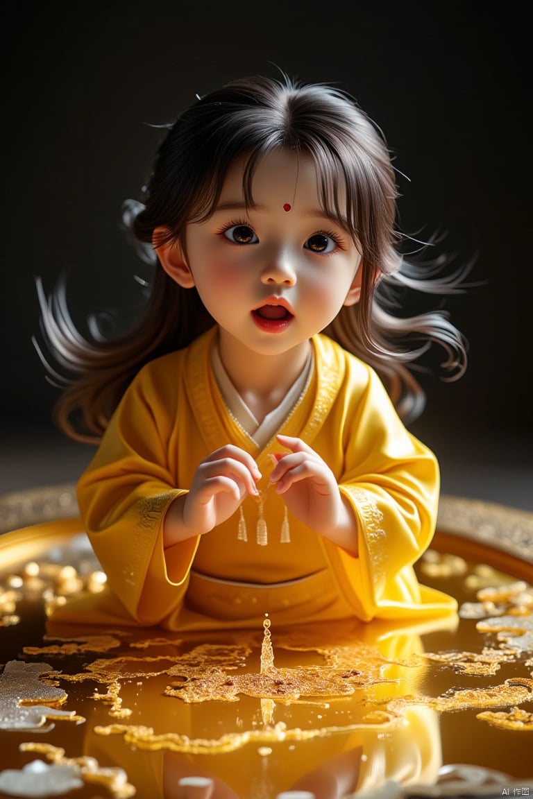 A 5-year-old little boy, detailed hands,cute, with long black hair, wearing a bright yellow cloth, eyes wide open, stunned, a transparent golden glowing map of the Three Kingdoms appeared in front of him, with a progress bar on it, black space, animation style, Chinese fantasy, perfect Details, 32K