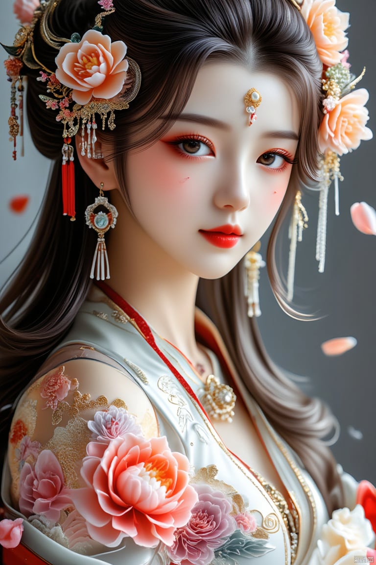 1girl, rose petals, hair adornment, floral hairpiece, solitary beauty, sparkling earrings, delicate jewelry, traditional chinese attire, staring at viewer, enchanting forehead symbol, glossy black hair, cascading long hair, flawless makeup, mesmerizing brown eyes, vibrant red lips, exquisite facial design.