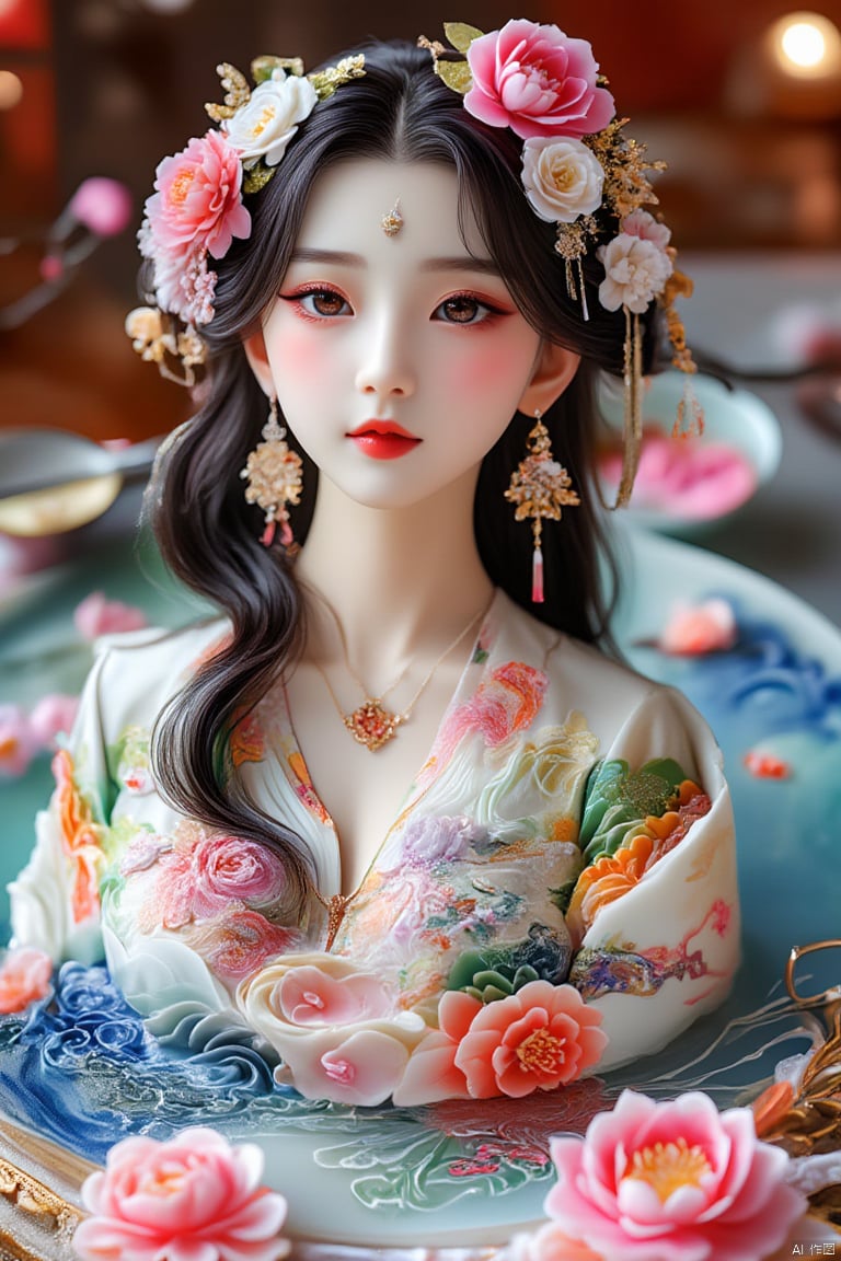 1girl, flower, hair ornament, hair flower, solo, earrings, jewelry, chinese clothes, looking at viewer, forehead mark, black hair, long hair, makeup, brown eyes, red lips, facial mark