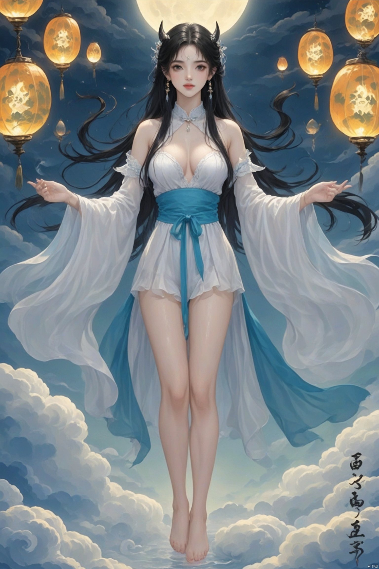 moon, jewelry, breasts, long hair, barefoot, black hair, earrings, 1girl, bare legs, night, looking at viewer, dress, horns, hair ornament, full moon, cloud, sky, medium breasts, lantern, white dress, bracelet, sash, full body