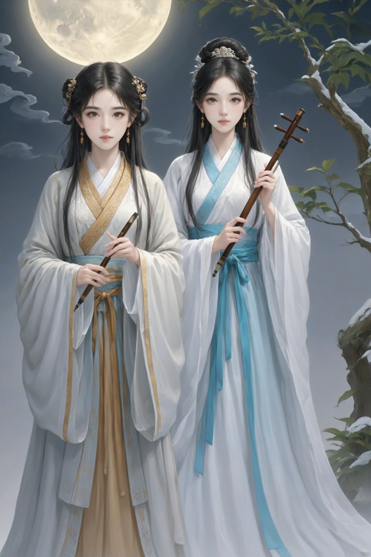 moon, hanfu, jewelry, hair ornament, long hair, chinese clothes, earrings, black hair, 2girls, night, full moon, holding, multiple girls, long sleeves, looking at viewer, upper body, wide sleeves, hair bun, sash, instrument, closed mouth, flute, ribbon, single hair bun, branch, sky, robe, tree