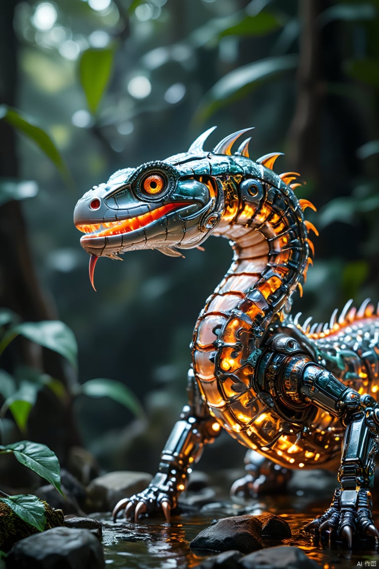 no humans, snake, blurry, animal, orange eyes, lizard, outdoors, non-humanoid robot, nature, scales, forked tongue, blurry background