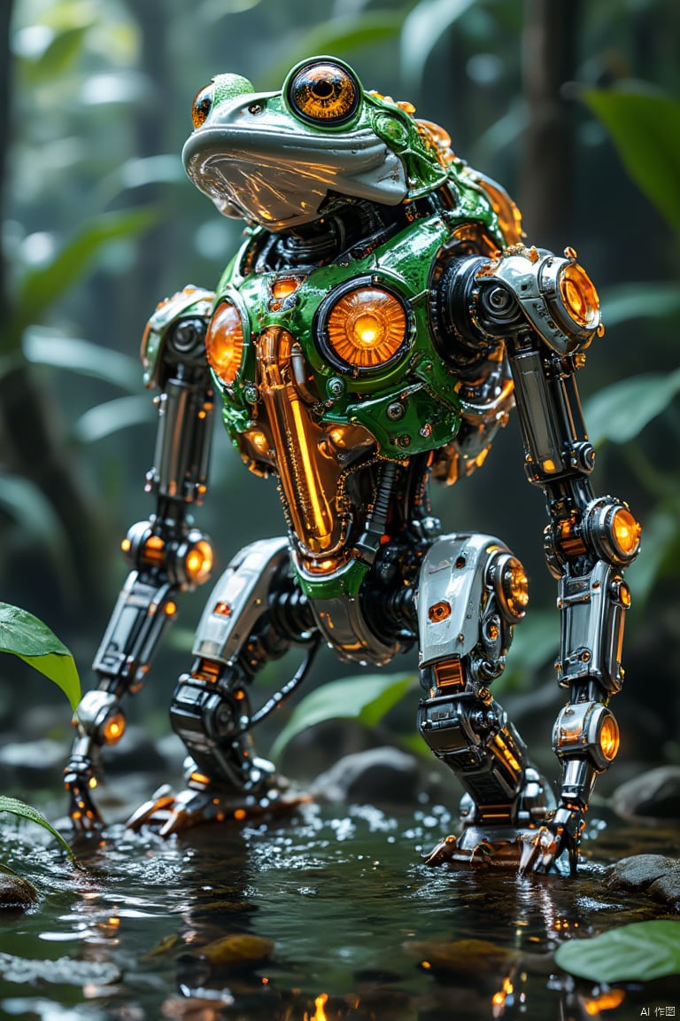 robot, no humans, frog, science fiction, solo, mecha, blurry, realistic, humanoid robot, water, blurry background, non-humanoid robot