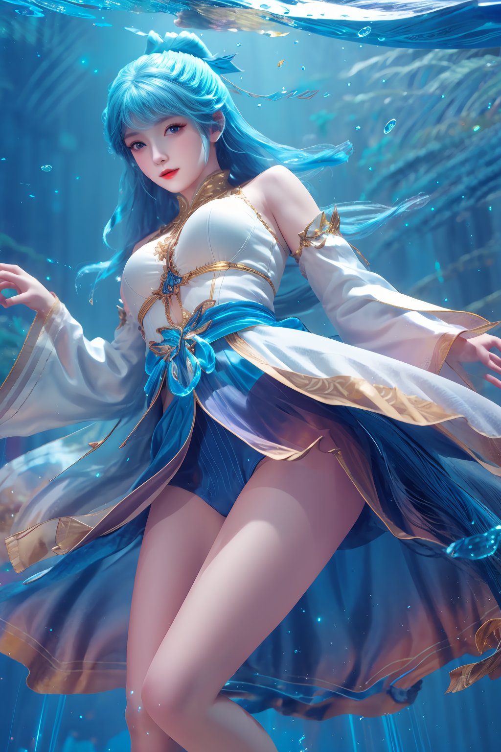 masterpiece,best quality,official art,extremely detailed CG unity 8k wallpaper,
  looking at viewer,
looking at viewer,underwater,
,1girl,stand,
stand,stand,
Above the waist,Thigh exposed,
blue hair,dynamic pose, dynamic angle,



looking at viewer,
