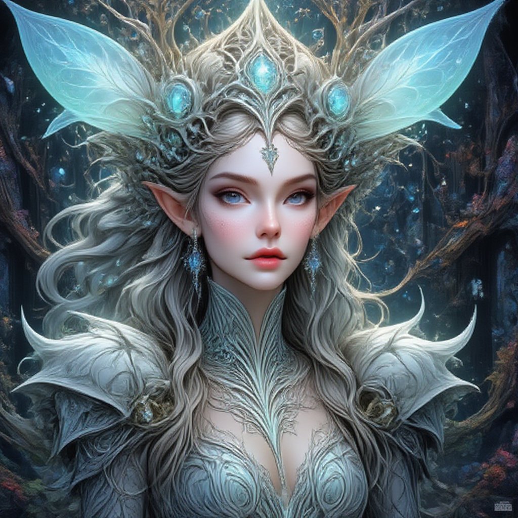 ElfFractalArt, the woman is half elf, beautiful, short, fragile, with black and white long hair, fashion white dress made of frost, shimmers and glitters, a pendant with a dragon's Eye stone on her neck, a fantasy,