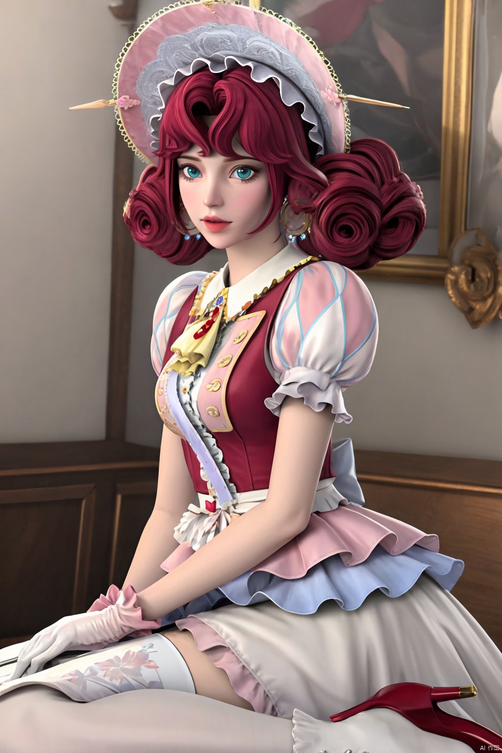 masterpiece,best quality,official art,extremely detailed CG unity 8k wallpaper, masterpiece, best quality,1girl,realistic,curly hair,lips,white gloves,puffy sleeves,frills,earrings,red hair,jewelry,pink hair,gloves,hat,short hair,solo,dress,puffy short sleeves,floral print,high heels,red bow,thighhighs,indoors,