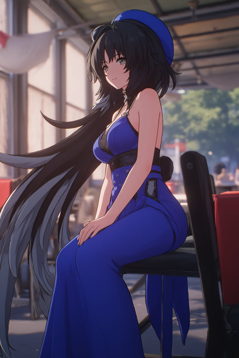 Capture a serene moment of a young woman, 'yyd', with long, jet-black hair, dressed in a stunning blue gown, sitting outdoors at a charming restaurant. Soft sunlight filters through the trees, casting a warm glow on her elegant features and the vibrant dress. The camera frames her from a slight angle, showcasing the flowing locks and delicate details of her attire.