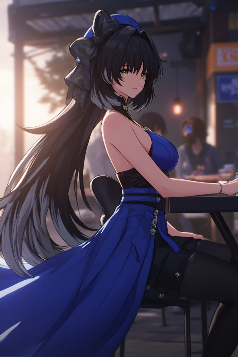 Capture a serene moment of a young woman, 'yyd', with long, jet-black hair, dressed in a stunning blue gown, sitting outdoors at a charming restaurant. Soft sunlight filters through the trees, casting a warm glow on her elegant features and the vibrant dress. The camera frames her from a slight angle, showcasing the flowing locks and delicate details of her attire.