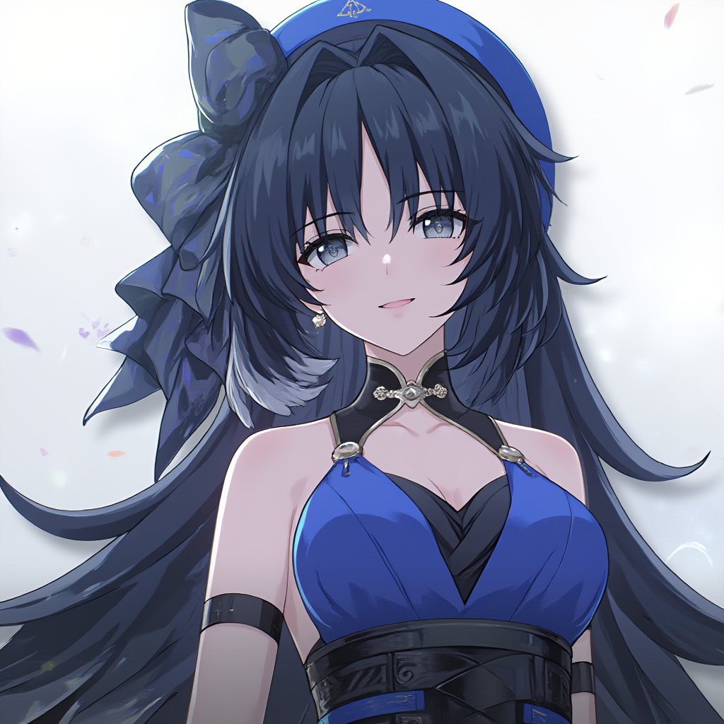 yyd, 1girl, long hair, black hair, blue dress