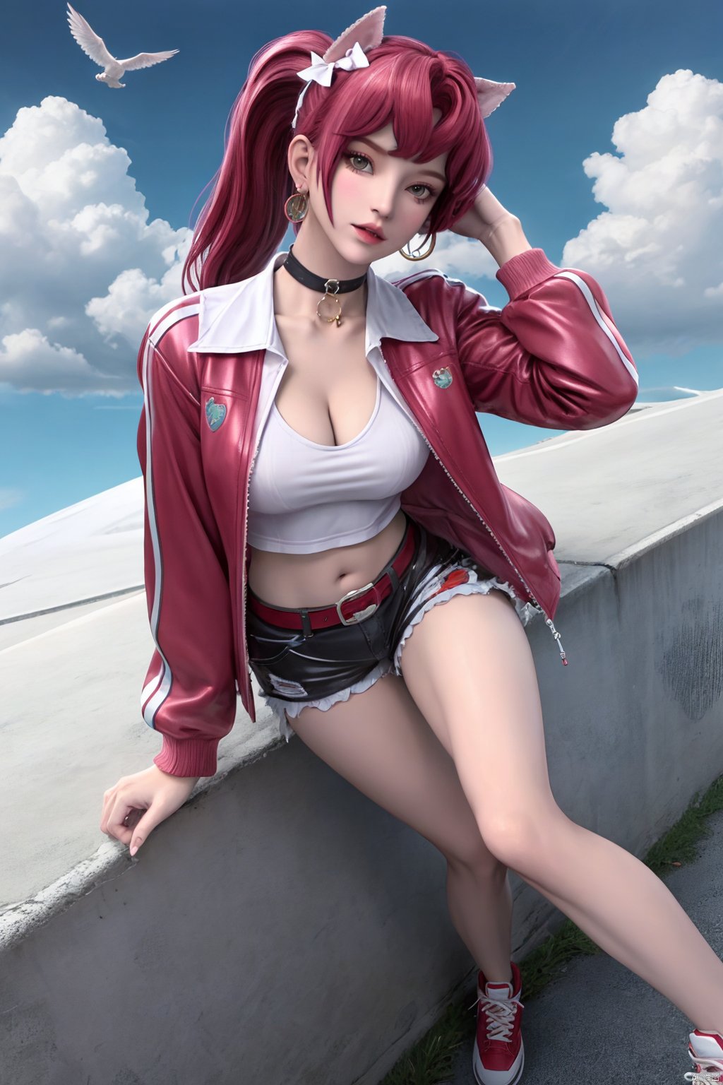 1girl, solo, breasts, looking at viewer, Pink hair, long sleeves, navel, brown eyes, jewelry, jacket,  earrings, outdoors, parted lips, open clothes, sky, shoes, shorts, choker, day, midriff, belt, cloud, open jacket, lips, crop top, short shorts, black shorts, piercing, cloudy sky, building, red footwear, sneakers, realistic,Long Hair,Tall horsetail,Ribbed cap,disheveled hair, high ponytail, hair bow,Standing,Shoulder baring,Cleavage