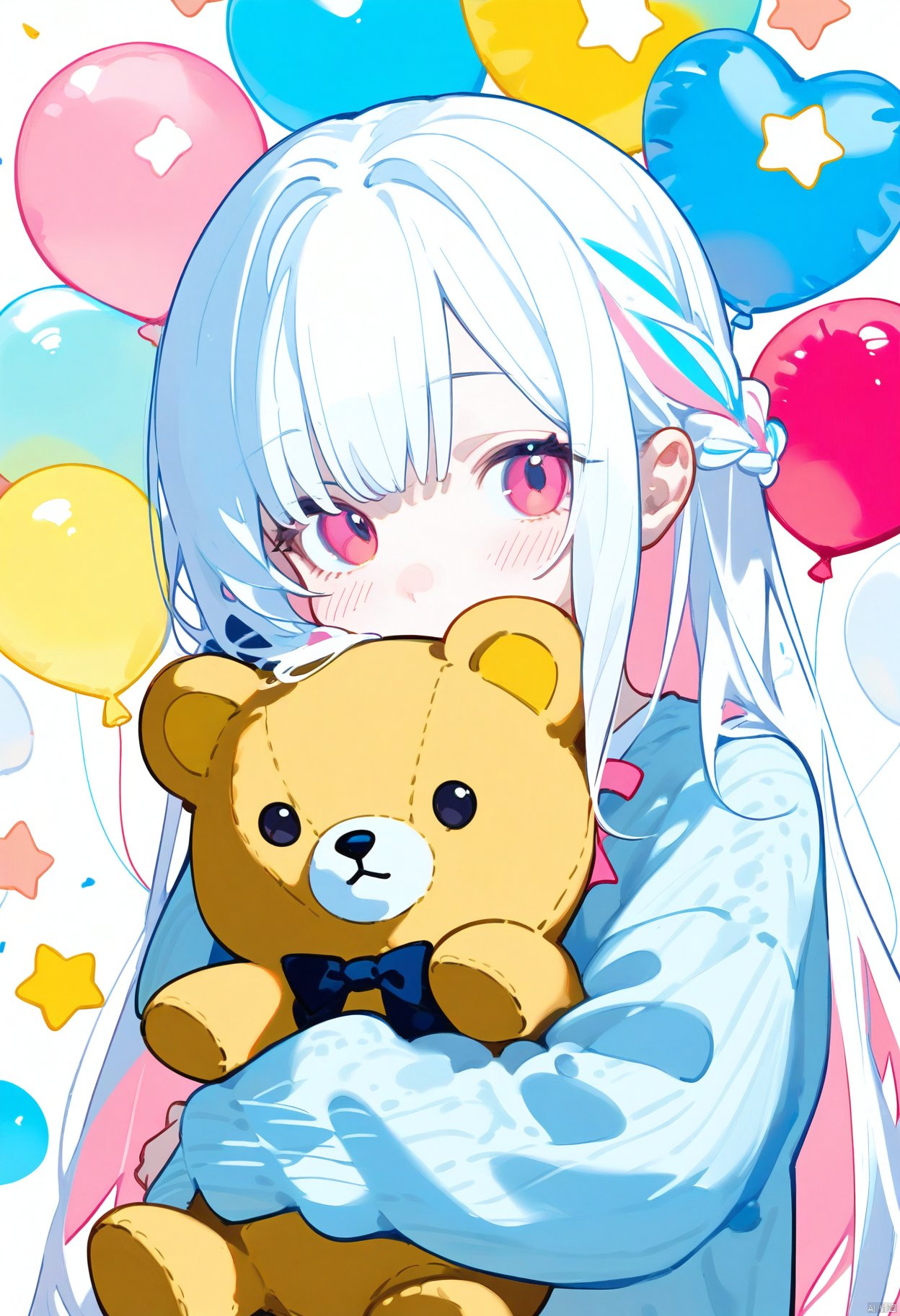 1girl, solo, long hair, looking at viewer, blush, bangs, long sleeves, holding, upper body, pink hair, braid, white hair, multicolored hair, star \(symbol\), sweater, sleeves past wrists, stuffed toy, stuffed animal, teddy bear, object hug, covered mouth, balloon, holding stuffed t oy